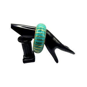 Chunky Vintage Turquoise Color Thick Brass Bangle with Glittery Gold  Stripes